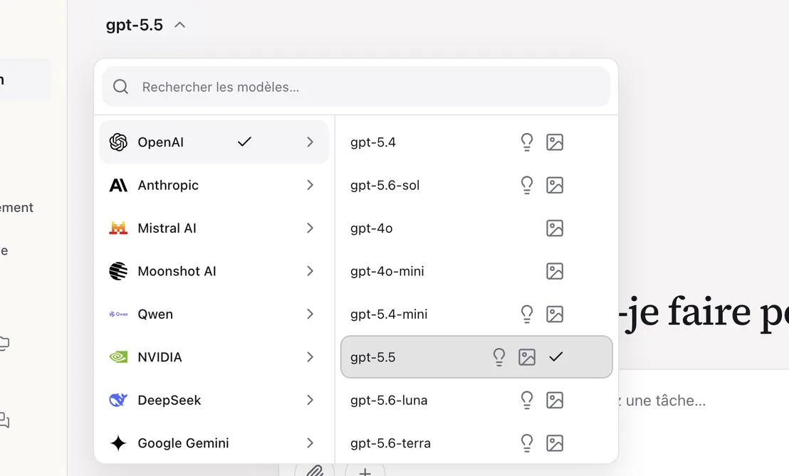 CraftOS · sélecteur de modèles : OpenAI, Anthropic, Mistral, Moonshot, Qwen, NVIDIA, DeepSeek et Gemini au choix, avec le coût affiché